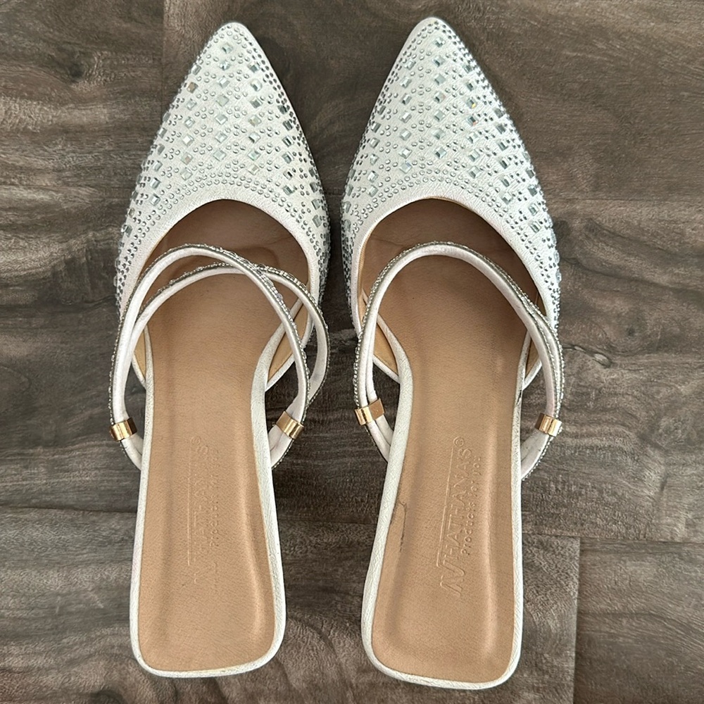 White rhinestone bridal mules